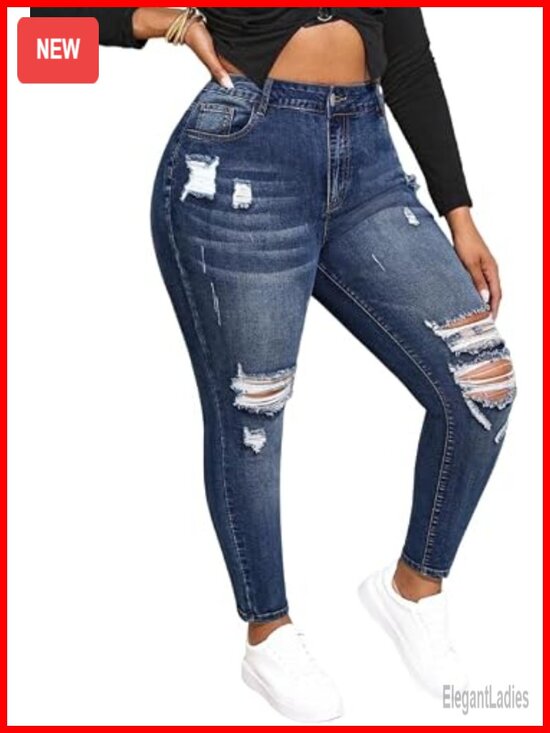 Denim - Plus Size High Waisted Skinny Jeans Stretchy Ankle Ripped Distressed Denim